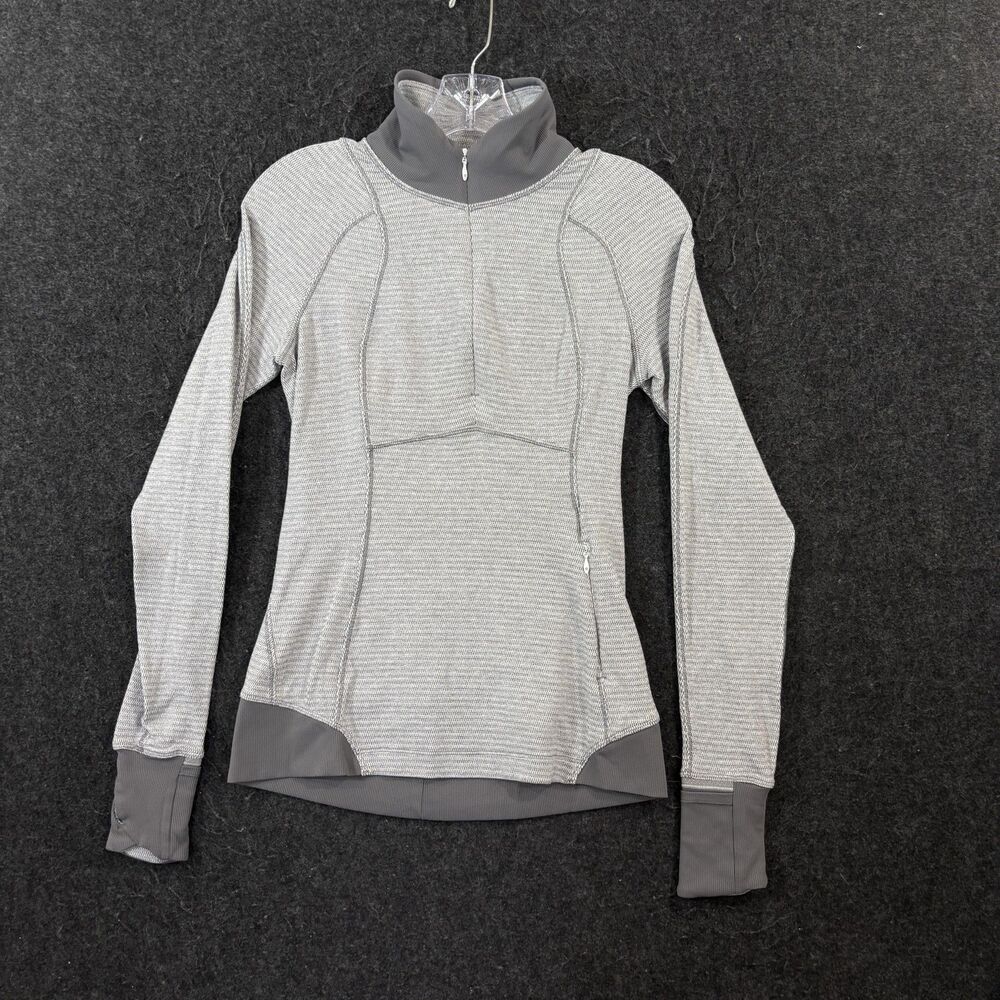 Lululemon Runderful Pullover Women's 4 Gray Striped 1/4 Zip Thumbholes Running